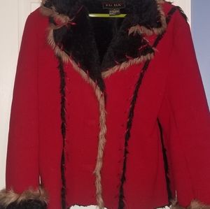 Red fleece jacket with faux fur